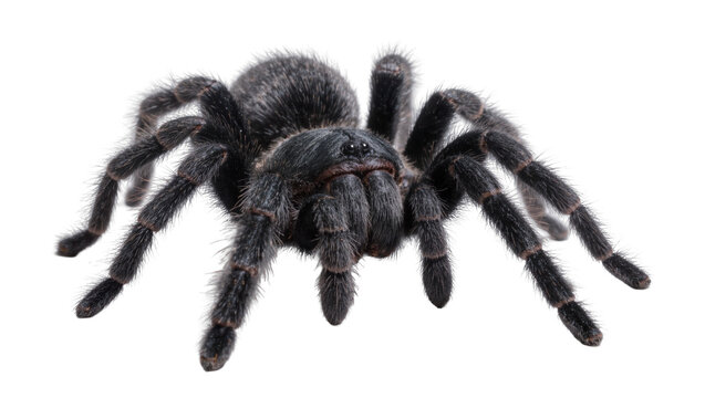 Fluffy black tarantula spider with hairy legs, isolated on transparent background