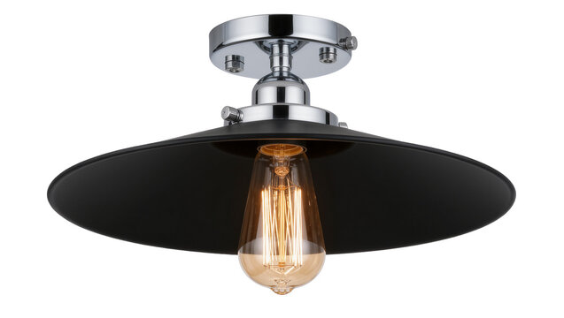 Industrial black metal ceiling light with Edison bulb, isolated on transparent background
