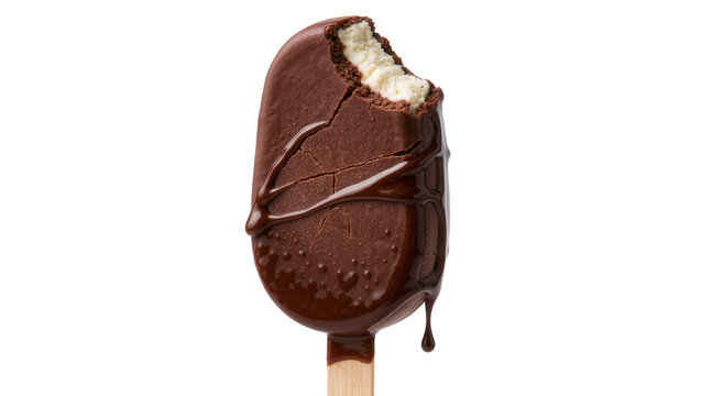 Bitten chocolate ice cream bar with dripping fudge, isolated on transparent background