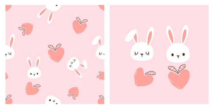 Seamless bunny and heart shaped peach pattern featuring adorable white rabbit faces with long ears, pink heart shaped peaches with tiny leaves and sweet expressions on a soft pastel pink background.