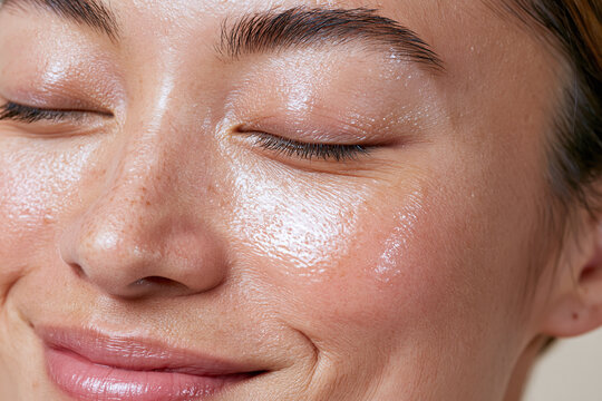 Glowing close up of female cheek with dewy skin, natural freckles, gloss and soft smile showing smooth texture and healthy radiance
