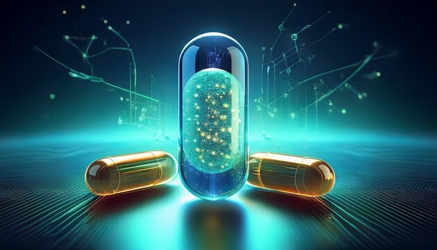 the digital health pill encapsulates cutting edge smart medications forward thinking biotechnology and genetic engineering for groundbreaking healthcare solutions and drug delivery systems against a