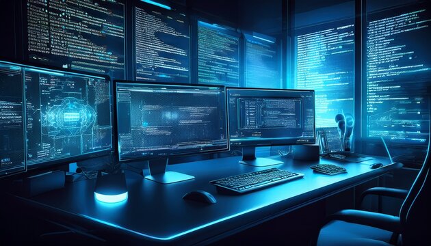 software engineering workspace multiple screens showing complex coding script in dark mode illuminated by glowing blue led light cybersecurity concept