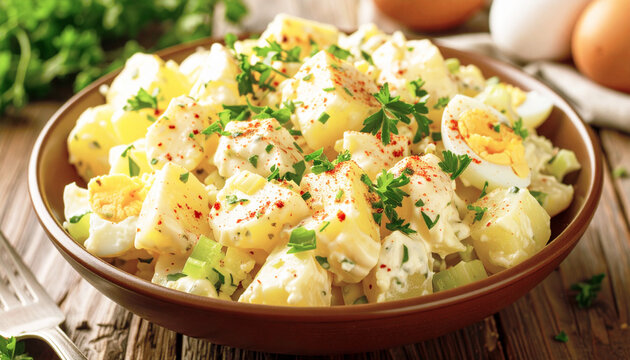 American creamy potato salad, mayonnaise, mustard, celery, egg and paprika. AI