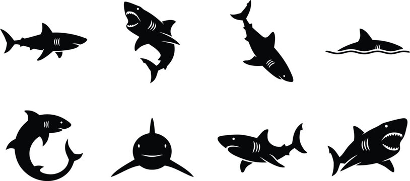 Black shark set silhouettes swimming attacking and jumping with open jaws