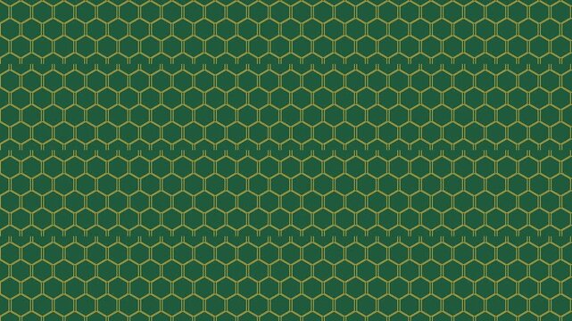 Seamless scrolling green and gold kikkou hexagon pattern, looping animated background for video titles and streams, 4K 58 seconds