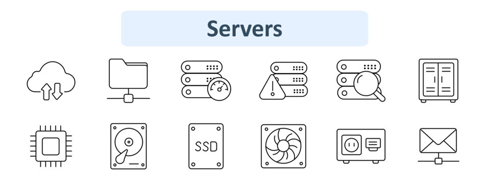 Servers set icon. Sync cloud, network folder, performance servers, alert, search, security cabinet, processor chip, hard drive, ssd storage, cooling fan, power outlet, mail server.