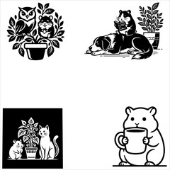 Fototapeta premium Cute Funny Black and White Animals Set Cartoon Vector Illustration with Cat, Dog, Panda, Bear and Kitten Faces for Pet Design, Cards and Nature Art