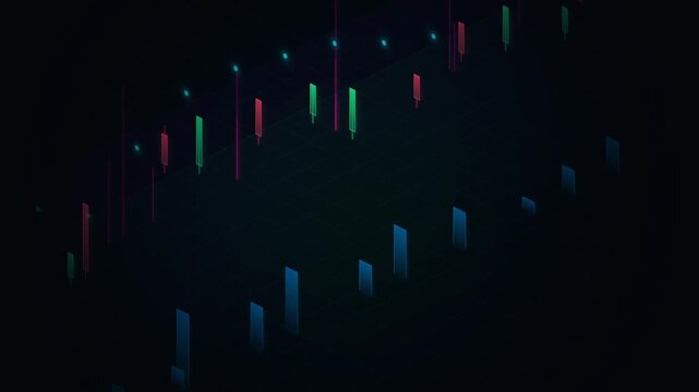 Animated Isometric Stock Market Candlestick Chart with Teal Data Points - Financial Data Visualization