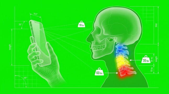 Person using smartphone showing neck and shoulder strain heatmap with ergonomic weight indicators