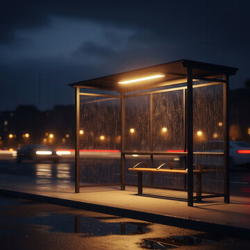 Rainy Night Bus Stop with Glowing Lights and Blurred Traffic Urban Atmosphere