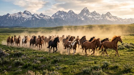 Fototapeta premium Herd of Wild Horses Galloping Through a Green Meadow with Dust Clouds and Majestic Snow-Capped Mountains at Sunset