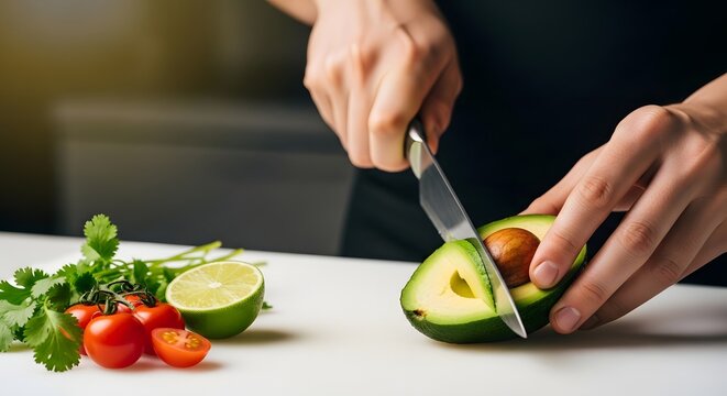 Chef hands cutting fresh avocado on white cutting board with vegetables.