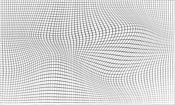 Distorted wireframe mesh grid illustration with dynamic optical wave deformation and undulating ripple texture isolated on transparent background