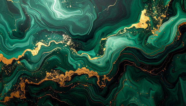 Dark emerald green fluid marble texture with gold veins and glitter, abstract luxury background