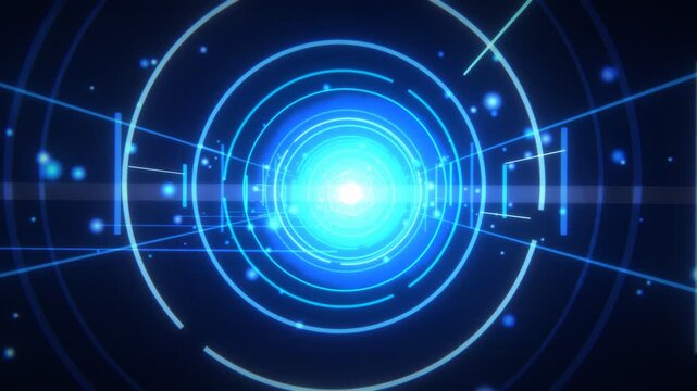 Abstract Glowing Blue Neon Light Rings and Laser Lines Tunnel Loop