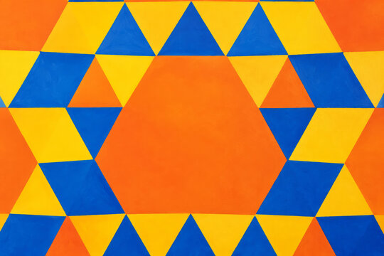 Orange, blue and yellow triangles interlock around repeating hexagons in a crisp geometric tessellation. Structured color rhythm and modern graphic design