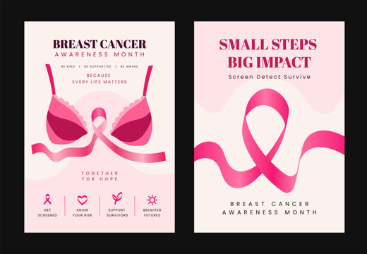 Breast Cancer Awareness Month Poster Set with Pink Ribbons and Quotes,  two Healthcare Campaign Vector Designs for Social Media and Charity Promos