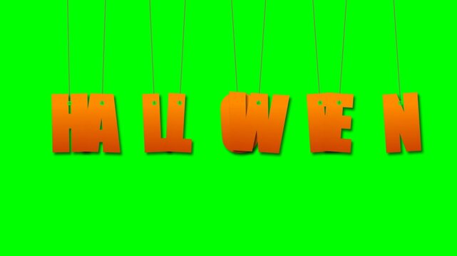 Stylized Orange Halloween Letters Hanging on Strings over Bright Green Screen Background for Video Editing