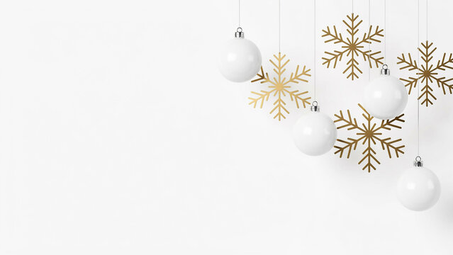 Christmas holiday decoration with white baubles and gold snowflakes on white background