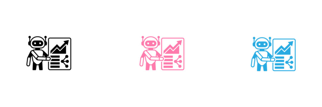 Three futuristic robot characters with documents and charts icon set