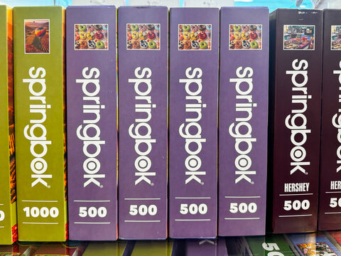 Mesa, Arizona - September 18, 2026: Display of various Springbox Puzzles for sale in a store