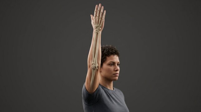 Side view of a 3D character with a raised arm, featuring a detailed skeletal overlay showcasing the humerus, radius, ulna, carpals, and phalanges.