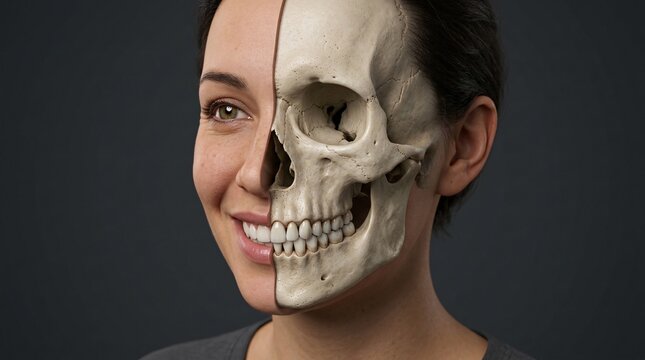 Frontal view of a smiling woman with a split-face render displaying half natural skin and half underlying human skull, eye socket, maxilla, and mandible.