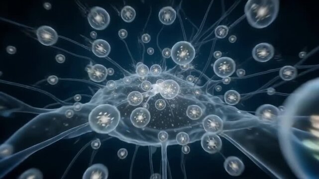 Synaptic transmission and neurotransmitter vesicles releasing chemical signals in microscopic neural network animation footage