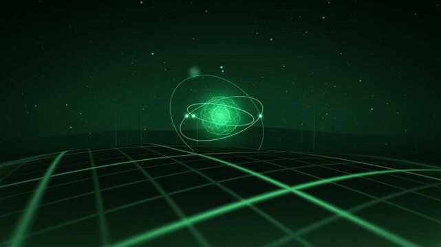 Digital Green Grid Terrain With Orbiting Energy Sphere And Data Points