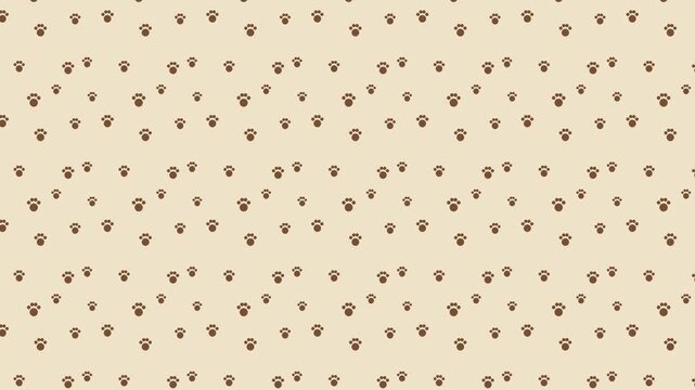 Seamless scrolling brown paw print on beige pattern, looping animated background for video titles and streams, 4K 58 seconds