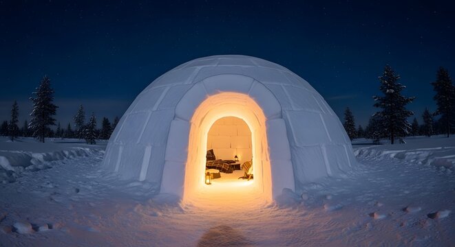 Illuminated igloo dwelling in snowy landscape during twilight with pine trees and clear night sky