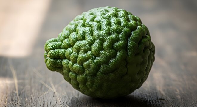 Kaffir lime with textured rind against a rustic wooden surface during soft natural lighting