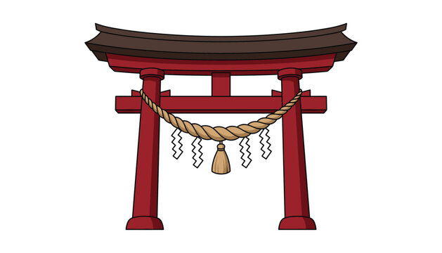 Red japanese torii gate with shimenawa rope and white paper shide streamers, isolated shinto shrine