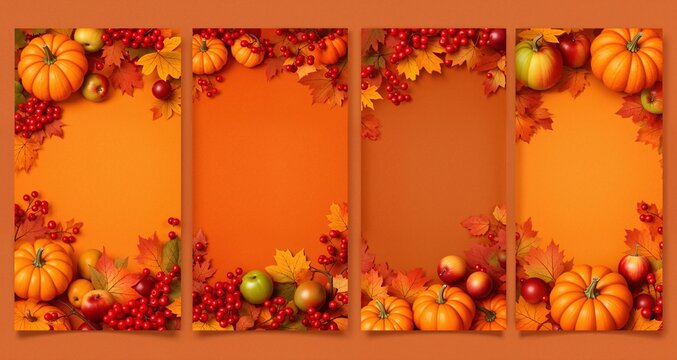 Set of vertical social media backgrounds with autumn ornaments. Pumpkins, berries, leaves and fruits.

