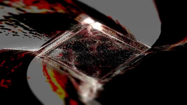 Sophisticated generative animation featuring luminous red and gold geometric forms that break apart and reform through flowing particle movement, creating a dramatic visual language for fashion shows,