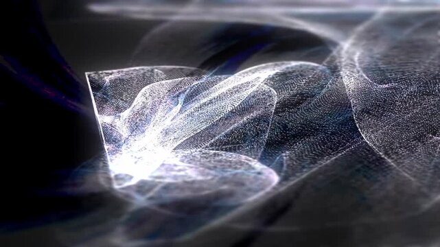 Elegant generative animation of a metallic silver grid transforming like a weightless cosmic cloud, creating a sophisticated combination of dark space, luminous particles and fluid geometry for premiu