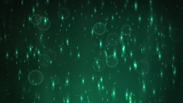 Green Falling Glowing Particles And Bokeh Bubbles Motion Background