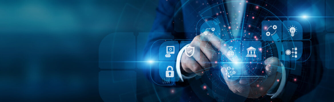 Crypto developer touching the mobile phone with blockchain glowing on screen. Decentralized ledger technology network and secure smart contract system. Digital cryptocurrency transaction hub.