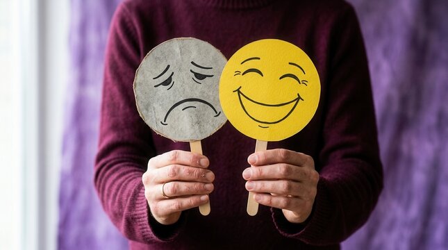 Holding Opposing Emotion Face Masks Demonstrating Mood Swings