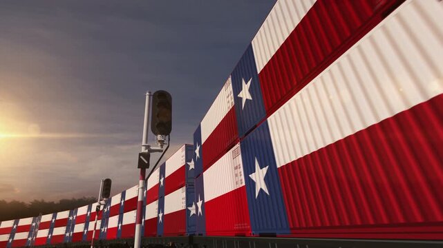 Texas USA export production and import containers on a railway freight wagons loop. Business concept of train transport and shipping with a Texas flag. 3D loopable and seamless.