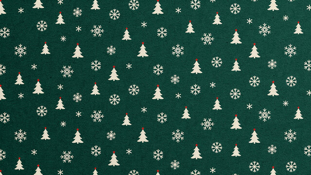 Christmas-themed fabric with white trees and snowflakes on green background for holiday decor