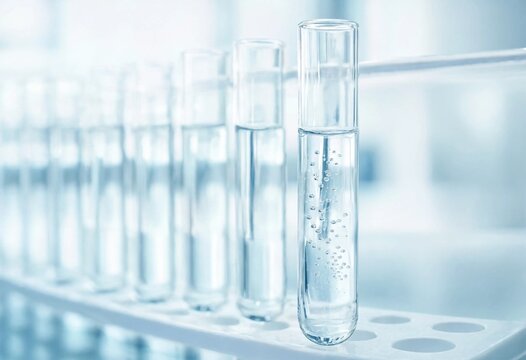 Clear liquid with bubbles inside a test tube, surrounded by laboratory equipment, representing scientific research, chemistry, medical testing, pharmaceutical development, and innovation.