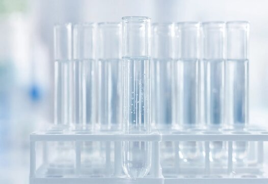 Clear liquid with bubbles inside a test tube, surrounded by laboratory equipment, representing scientific research, chemistry, medical testing, pharmaceutical development, and innovation.
