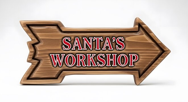 Rustic wooden arrow sign pointing right with 'Santa's Workshop' text against a clean white background