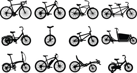 Assorted bicycle set featuring mountain bikes, road bikes, tandem, unicycle, cargo bike, folding bike, and children bike silhouettes © MDHASANUL