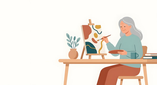 Minimalist flat vector style illustration of an elegant senior woman painting on a canvas mockup