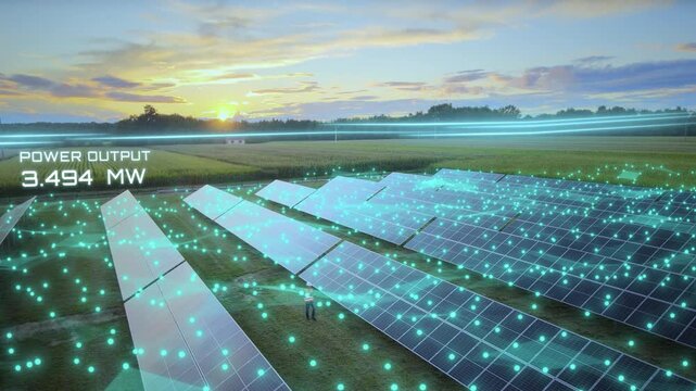 Graphic animation of a big photovoltaic solar field with flow of produced electrical energy as power output in MW. Transmission distribution network concept