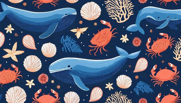 seamless pattern with nautical marine animals blue whale shrimps crab seashell coral ocean nature