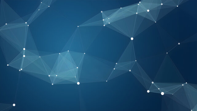 Abstract technology background with glowing dots and connecting lines representing a digital data network structure in a deep blue space